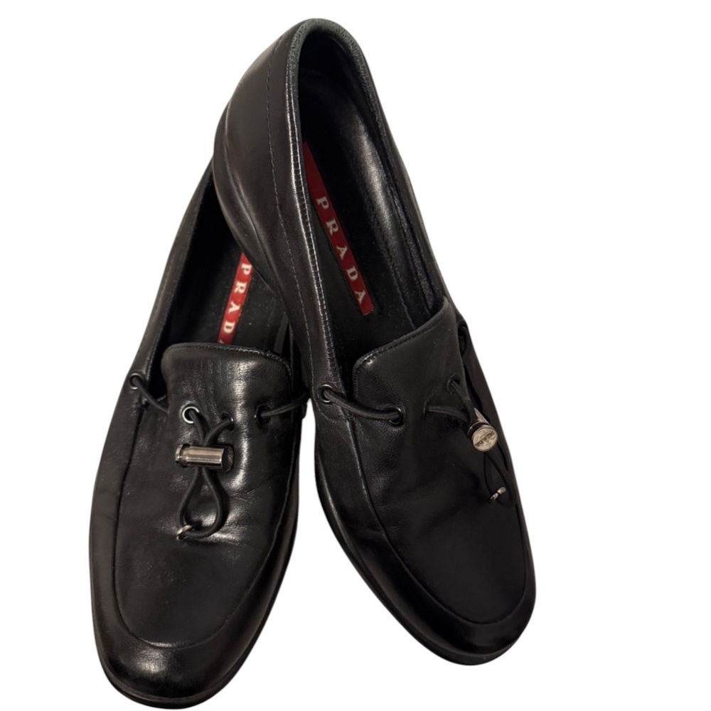 PRADA Authentic Nappa Women’s Black Leather Toggle Loafers Size 38.5 with Box